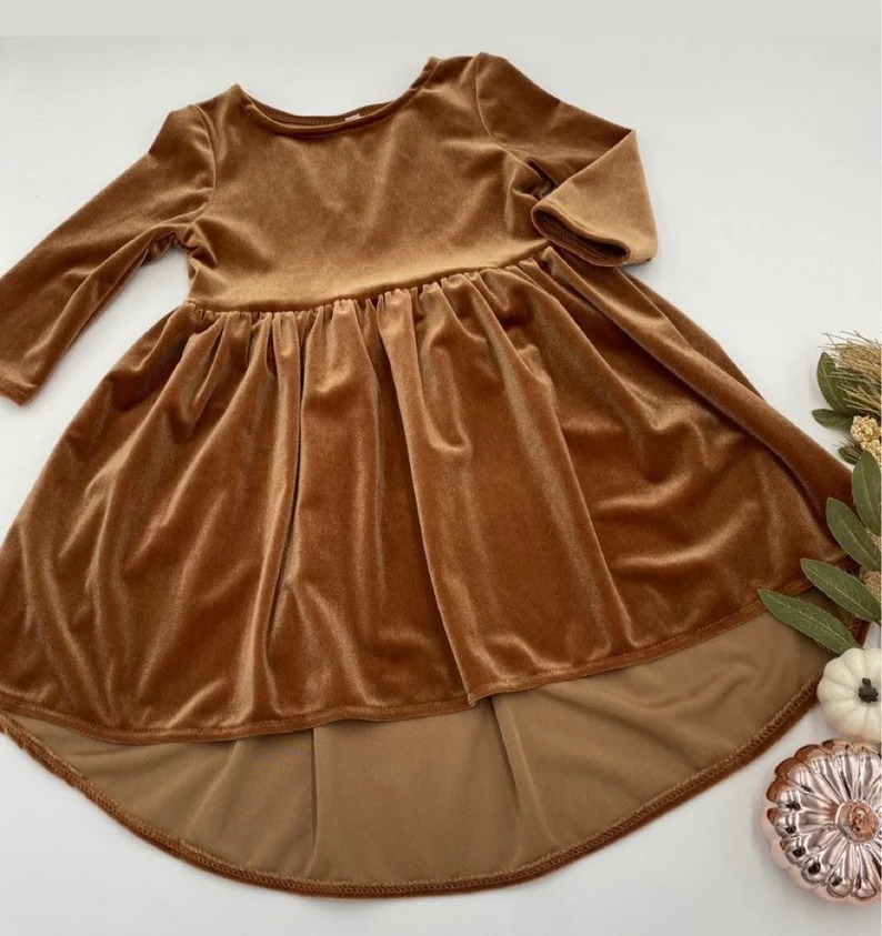 GLD0355 velvet gallus pink brown long sleeves girl dress preorder 20230811