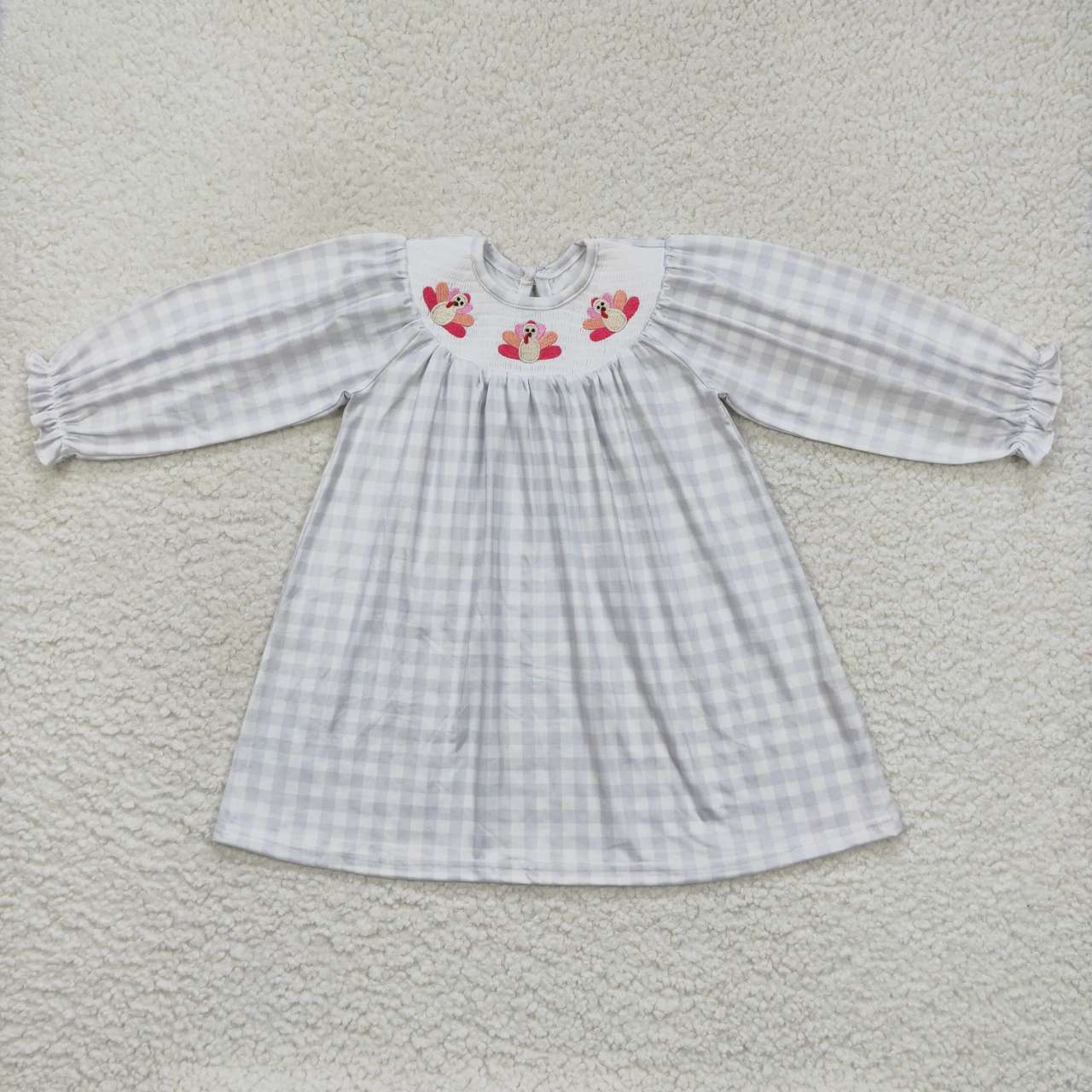 GLD0357 turkey long sleeve embrodiery smocked plaid girl dress RTS 20230928