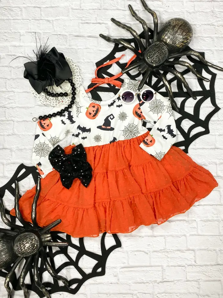 GLD0370 halloween boo orange tulle long sleeve girl dress 20230811 preorder