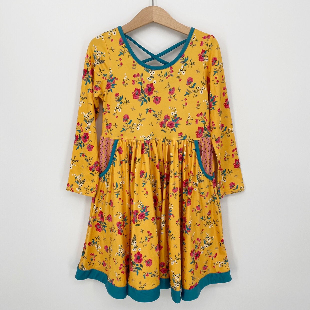 GLD0388 western flower yellow long sleeves girl dress preorder 20230826