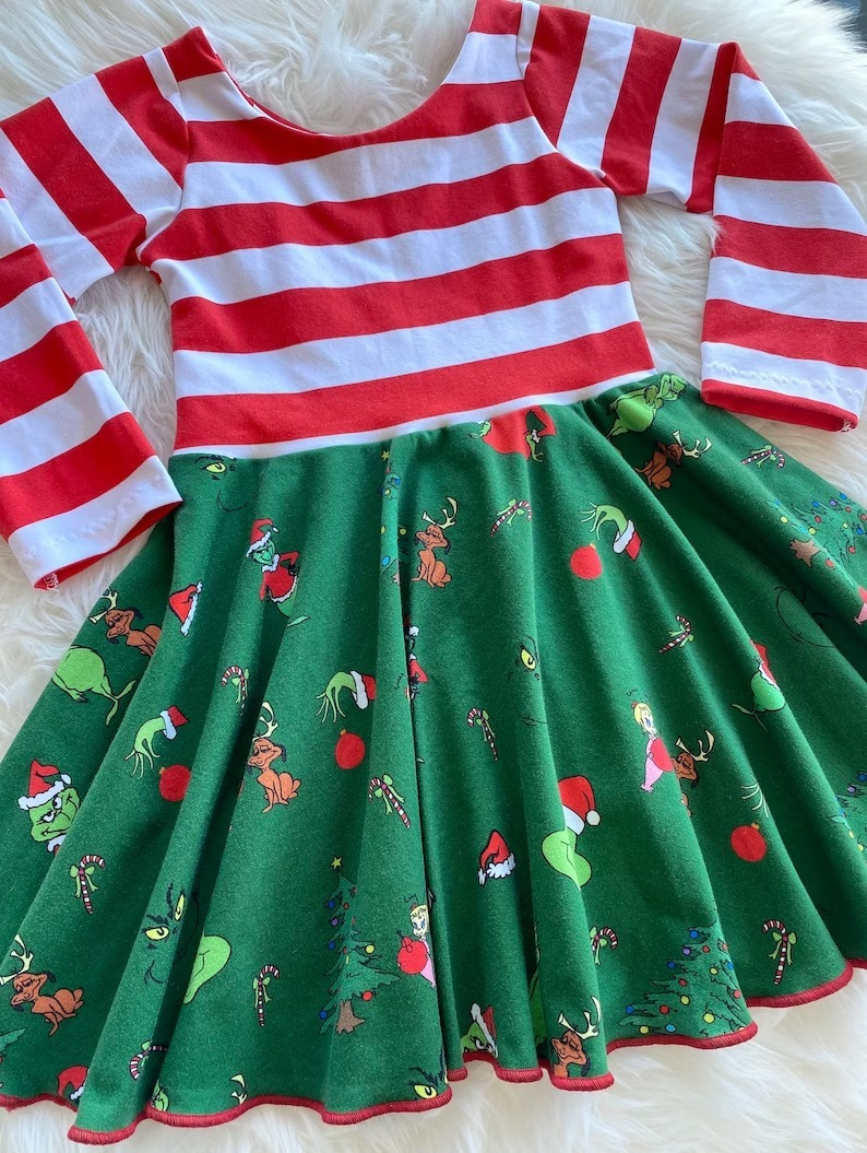 GLD0389 western Christmas grinch long sleeves girl dress RTS 20231018