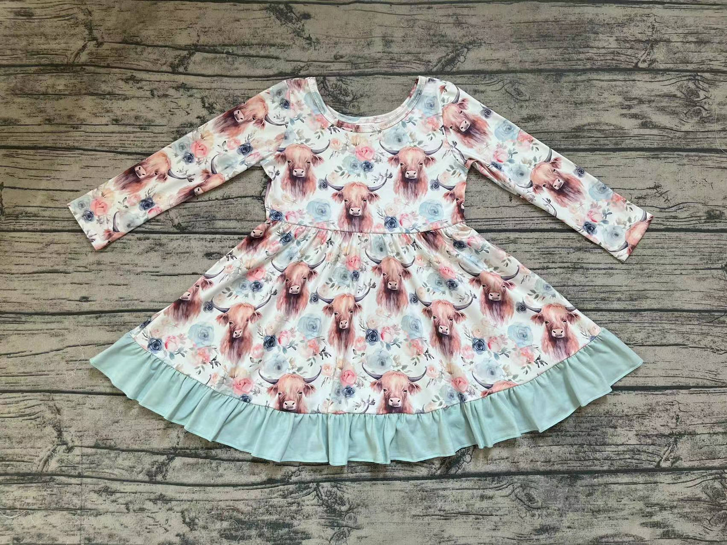 promotion RTS GLD0412 western cow flowers long sleeve girl dress 20231106