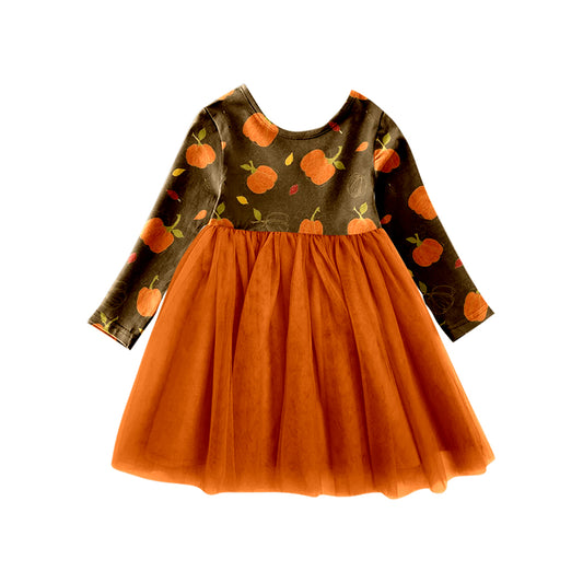 GLD0511 pumpkin Halloween girl  short sleeves girl dress preorder 202404