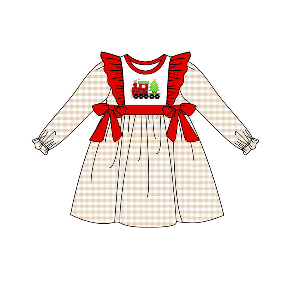 GLD0552 Christmas train tree girl dress preorder 202405