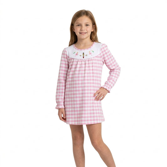 NO MOQ RTS GLD0610-embroidery Baby Girl Clothes Pink Gingham Nutcracker Embroidery Long Sleeve Nightgown Dress 202610