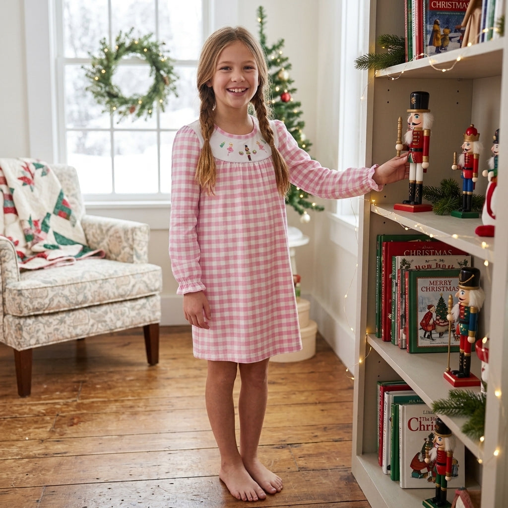 NO MOQ RTS GLD0610-embroidery Baby Girl Clothes Pink Gingham Nutcracker Embroidery Long Sleeve Nightgown Dress 202610