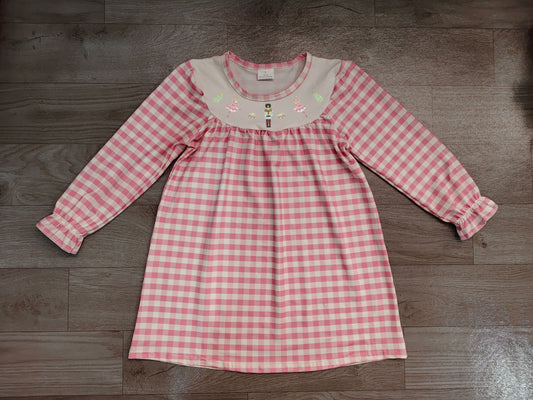Sample-Real Pics GLD0610 Baby Girl Clothes Pink Gingham Nutcracker Ballet Print Long Sleeve Dress