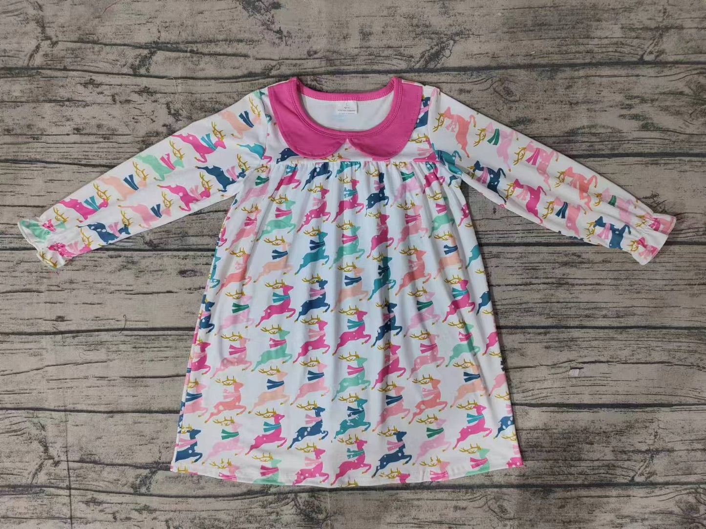 GLD0648 deer printing boutique girl dress  202408 RTS