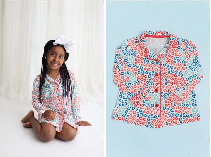 buttons shirt top dress GLD0683 girl short sleeve hot pink leopard 202407 preorder