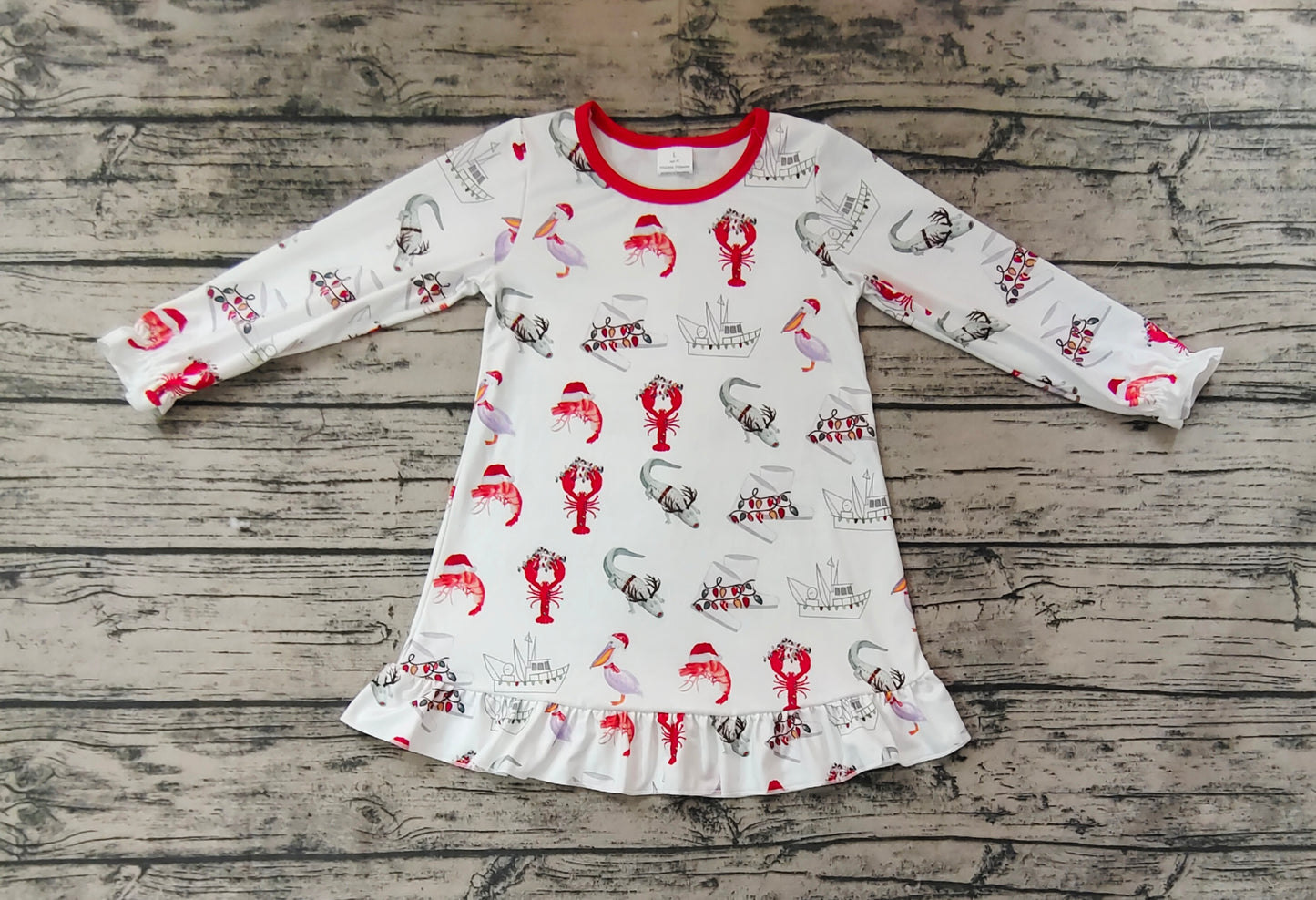 sea cray fish sailboat GLD0687 dress girl long sleeve hot pink 202408 rts