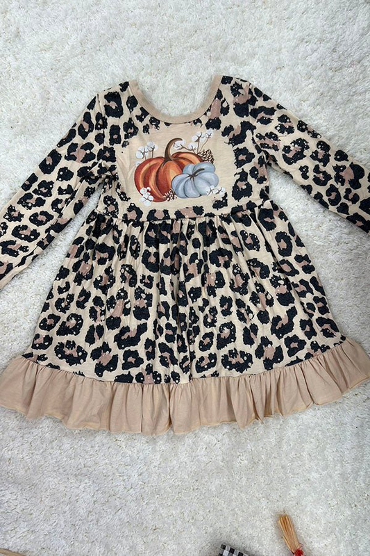 leopard Halloween pumpkin sibling  GLD0698 girl dress preorder 202407