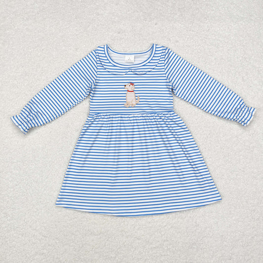 Embroidery dog blue stripe GLD0701 girl dress 202409 RTS