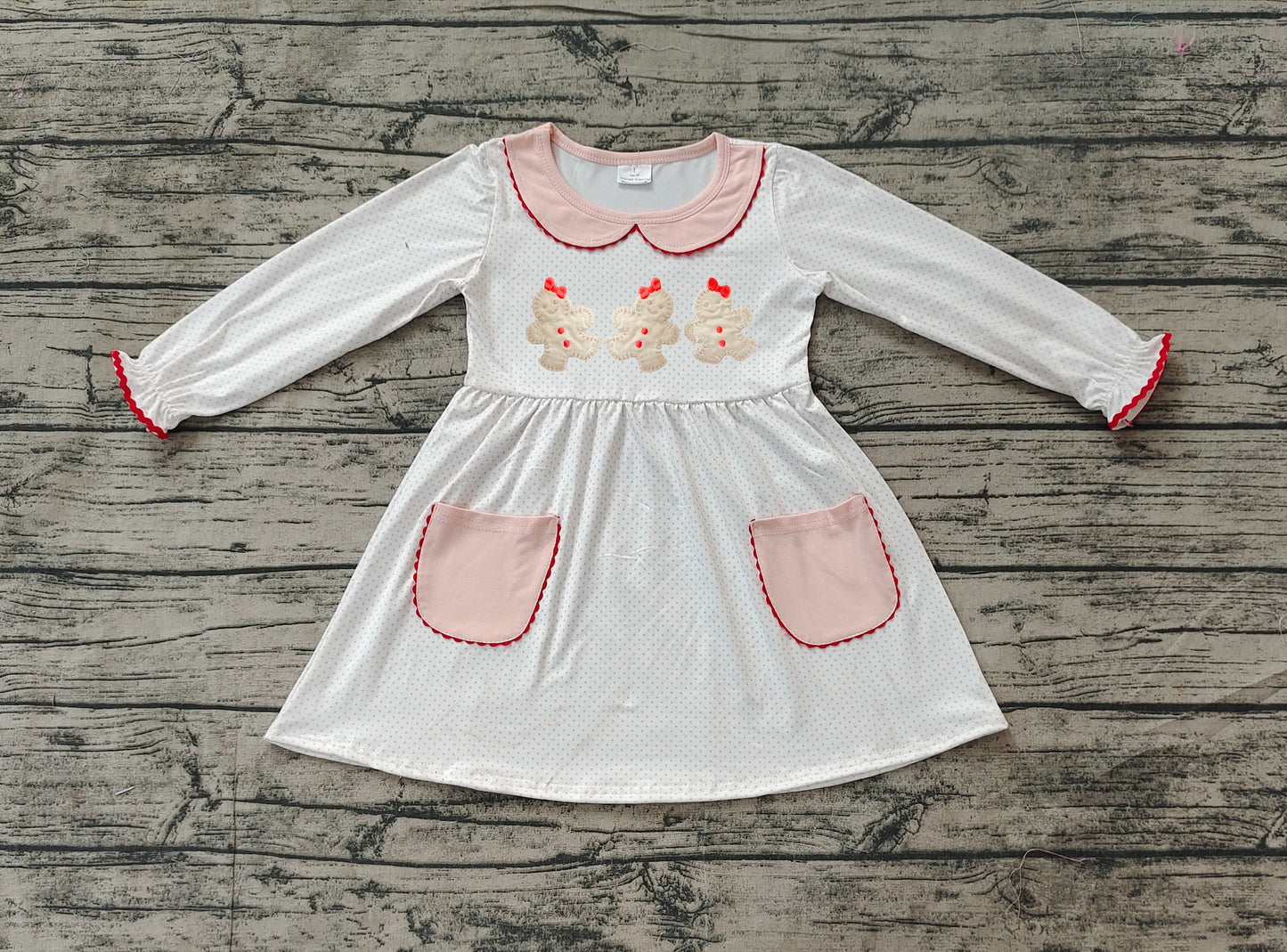 GLD0765 embroidery gingerbread Christmas sibling girl dress preorder 202408