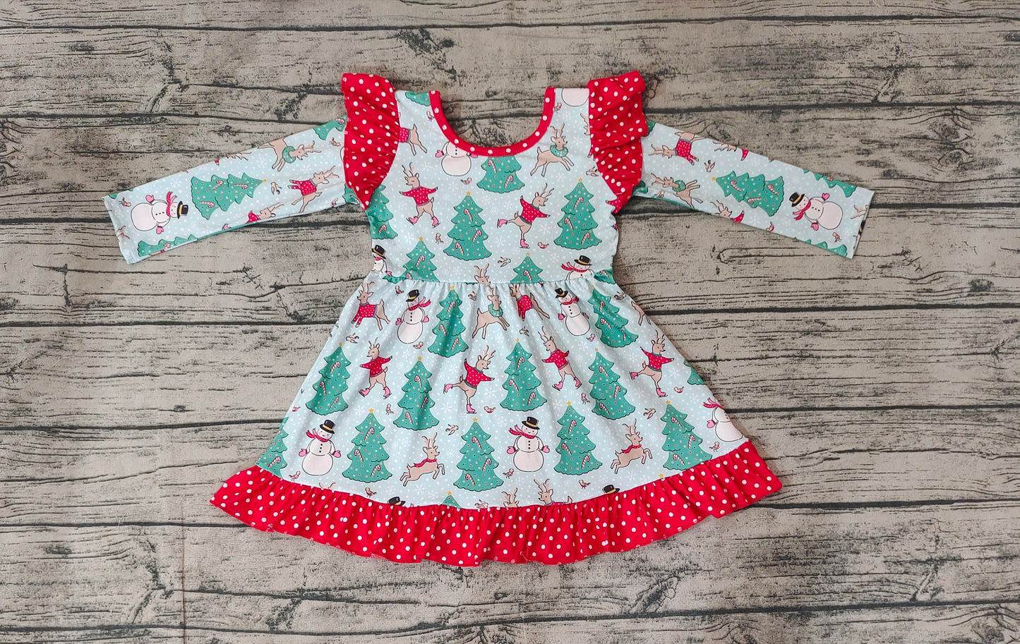 GLD0794  Christmas deer snowmen sibling girl dress preorder 202409