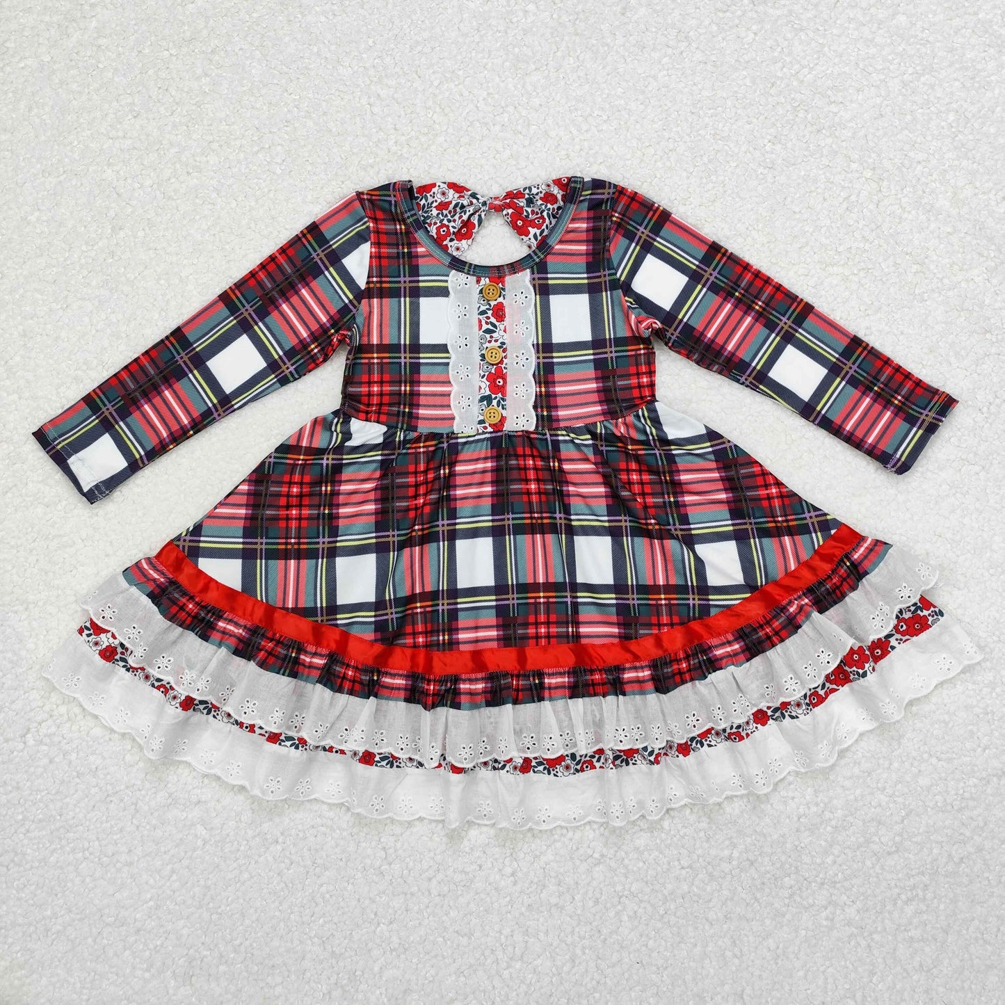 GLD0838 Christmas bow red plaid girl dress  202410 RTS