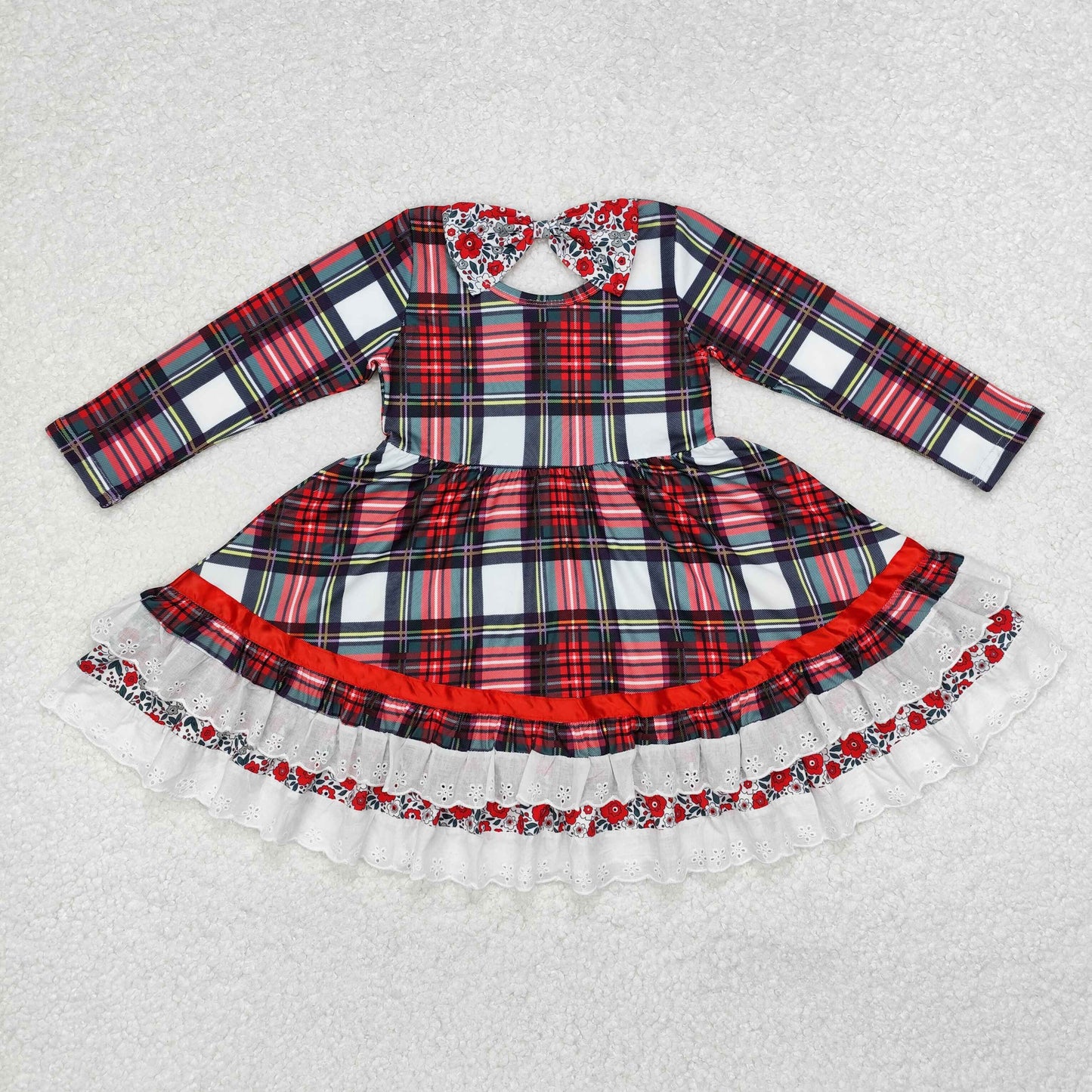 GLD0838 Christmas bow red plaid girl dress  202410 RTS