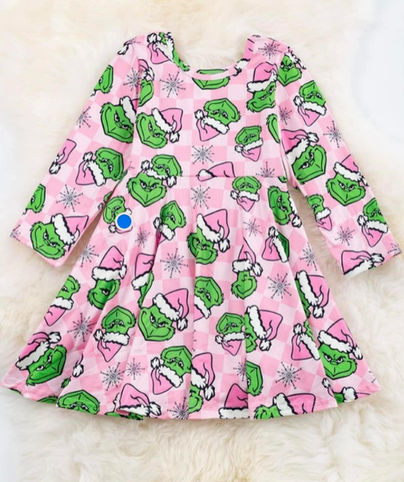 GLD0856  grinch Christmas sibling girl dress preorder 202408