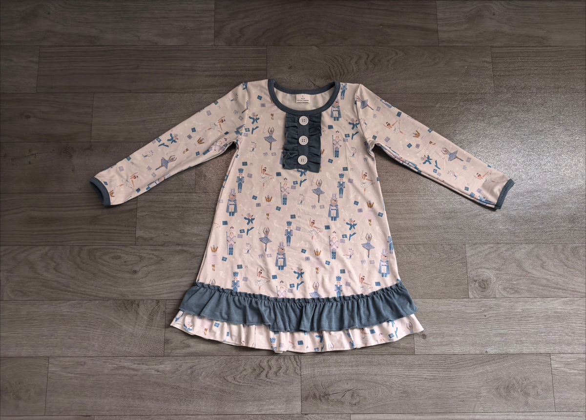 Sample-Real Pics GLD0874 Baby Girl Clothes Nutcracker Ballet Mixed Print Long Sleeve Ruffle Dress