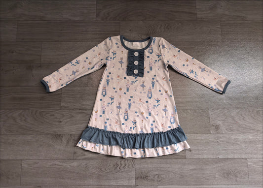 Sample-Real Pics GLD0874 Baby Girl Clothes Nutcracker Ballet Mixed Print Long Sleeve Ruffle Dress