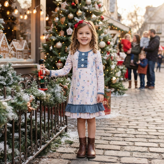 NO MOQ RTS GLD0874 (2) Baby Girl Clothes Nutcracker Ballet Mixed Print Long Sleeve Ruffle Dress 202609