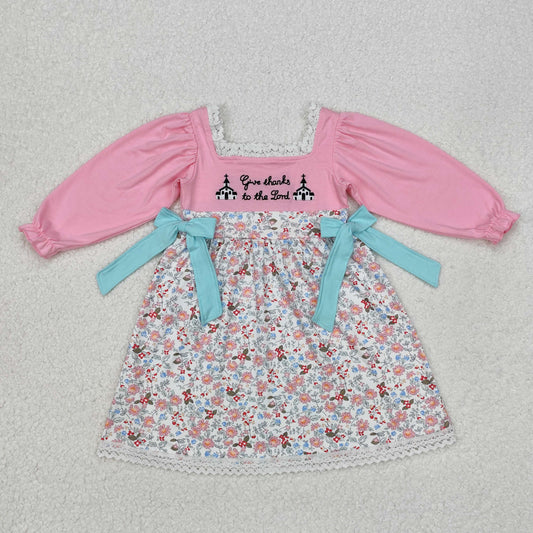 GLD0967 Embroidery thanksgiving flowers  green bow  pink girl dress sibling 202412 RTS