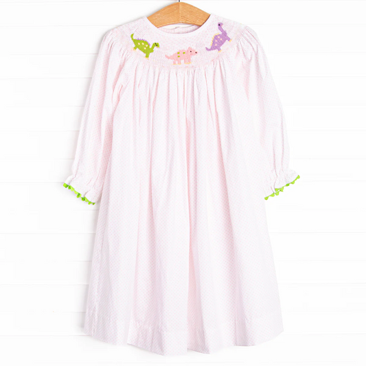 GLD1023 smocked dinosaur long sleeves girl dress 202503 preorder