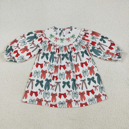GLD1028-smocked  bow Christmas girl summer dress 202507 RTS