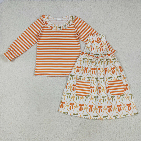 GLD1110组合 Long Sleeve Overall bow orange jumpsuit set Girl outfit 202507 RTS