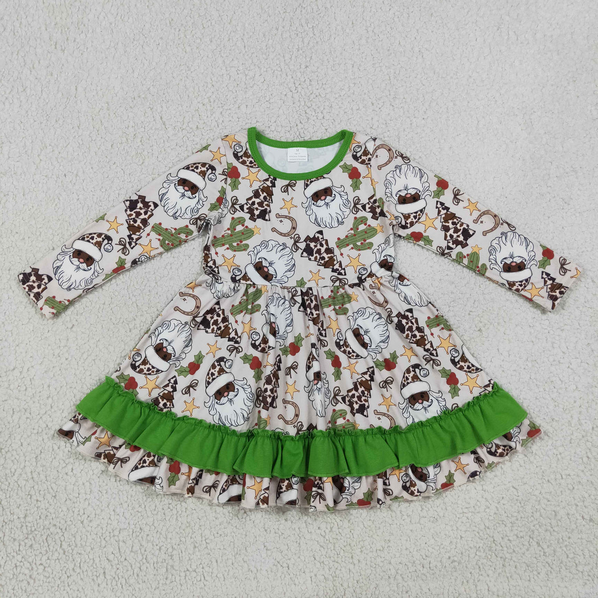 NO MOQ RTS GLD1213 Baby Girl Clothes Western Santa Print Long Sleeve Ruffle Dress 202609