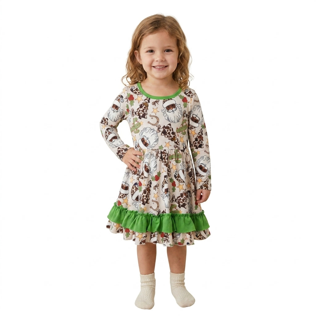 NO MOQ RTS GLD1213 Baby Girl Clothes Western Santa Print Long Sleeve Ruffle Dress 202609