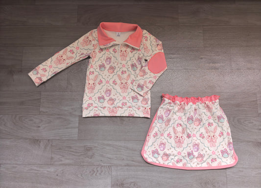 Sample-Real Pics GLD1575 Baby Girl Clothes Easter Bunny Egg Floral Mixed Print Long Sleeve Half Zip Top Skort Set