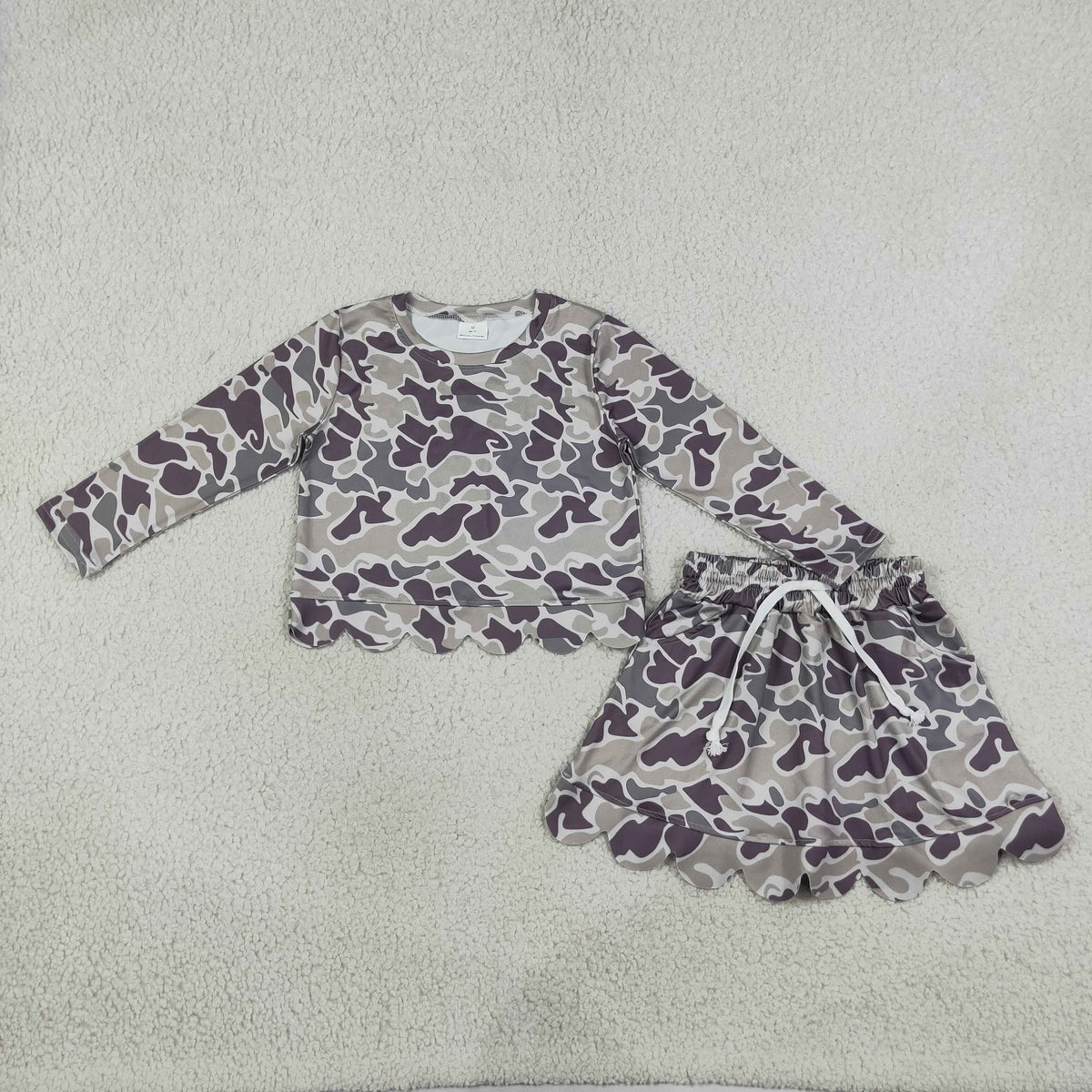 NO MOQ RTS GLD1614(1)-scallop-bundle Baby Boy Clothes Deer Print Long Sleeve Top Camo Jogger Pants Set 202609