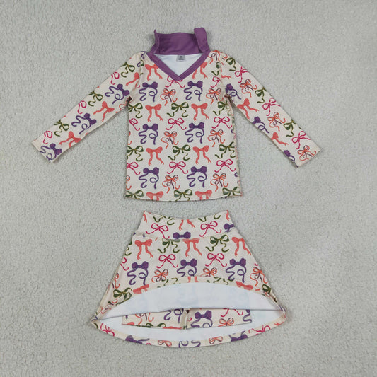 GLD1632 NO MOQ RTS Colorful Bow Yoga Set Purple Trim Top & Skirt 2Pcs Girl outfit