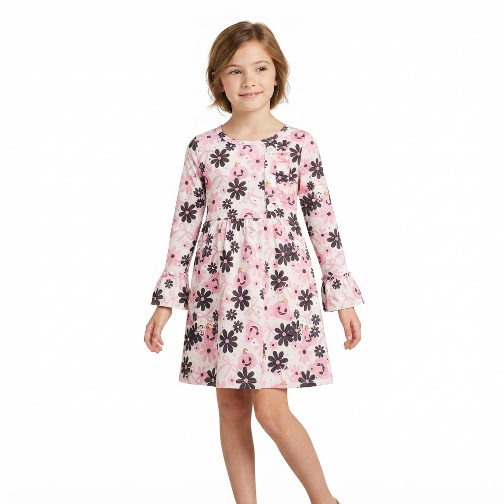 NO MOQ RTS GLD1637 Baby Girl Clothes Halloween Pumpkin Floral Allover Print Long Sleeve Ruffle Dress 202610