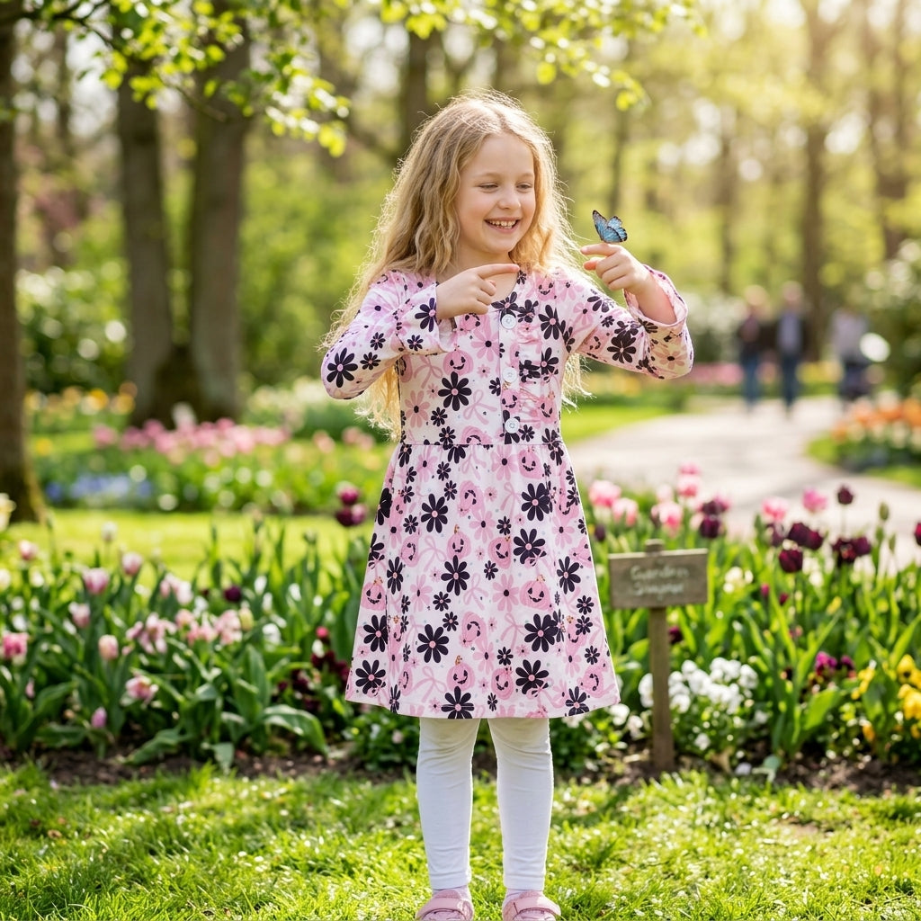 NO MOQ RTS GLD1637 Baby Girl Clothes Halloween Pumpkin Floral Allover Print Long Sleeve Ruffle Dress 202610
