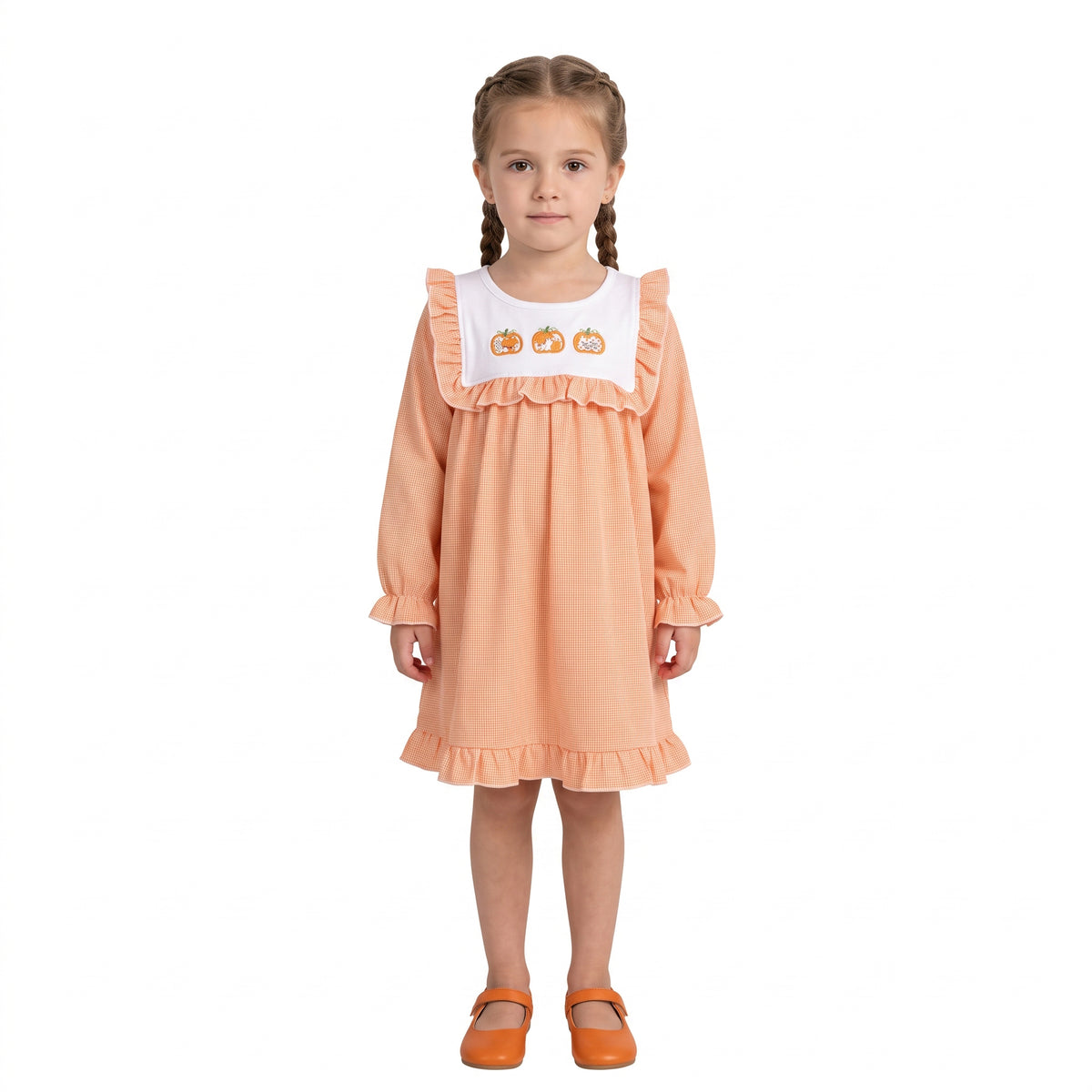 NO MOQ RTS GLD1645(1)-embroidery Baby Girl Clothes Orange Gingham Pumpkin Embroidery Print Long Sleeve Ruffle Dress 202609