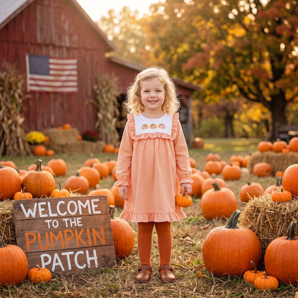 NO MOQ RTS GLD1645(1)-embroidery Baby Girl Clothes Orange Gingham Pumpkin Embroidery Print Long Sleeve Ruffle Dress 202609