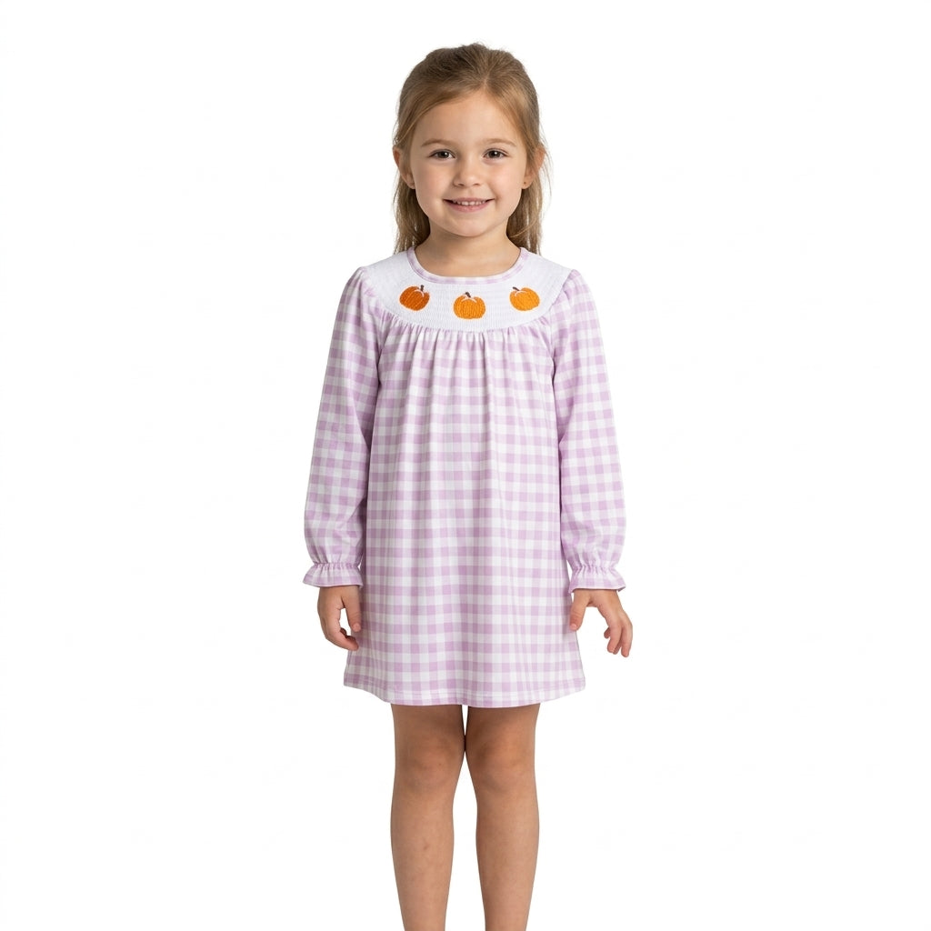 NO MOQ RTS GLD1649-smocked Baby Girl Clothes Pink Gingham Pumpkin Embroidery Long Sleeve Ruffle Cuff Top 202609