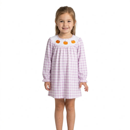 NO MOQ RTS GLD1649-smocked Baby Girl Clothes Pink Gingham Pumpkin Embroidery Long Sleeve Ruffle Cuff Top 202609