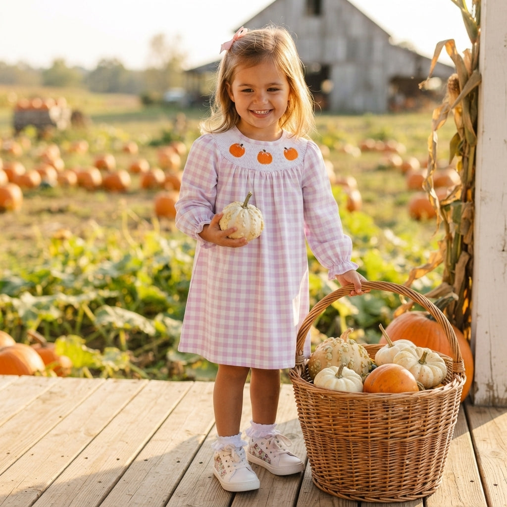 NO MOQ RTS GLD1649-smocked Baby Girl Clothes Pink Gingham Pumpkin Embroidery Long Sleeve Ruffle Cuff Top 202609