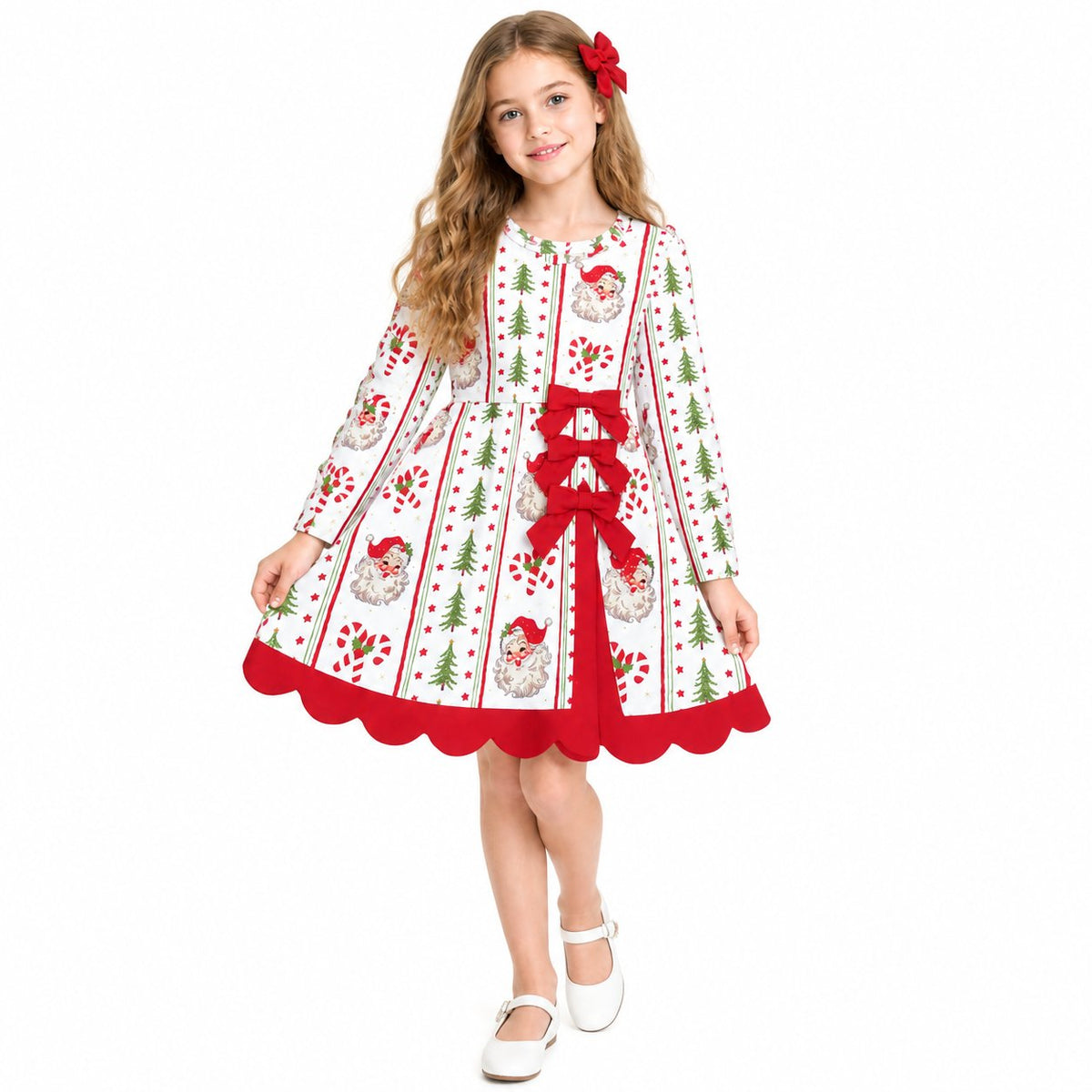 NO MOQ RTS GLD1650(1)-yoga-scallop Baby Girl Clothes Vintage Santa Candy Cane Striped Print Long Sleeve Bow Scalloped Hem Dress 202610