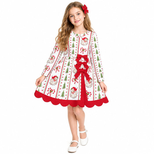 NO MOQ RTS GLD1650(1)-yoga-scallop Baby Girl Clothes Vintage Santa Candy Cane Striped Print Long Sleeve Bow Scalloped Hem Dress 202610