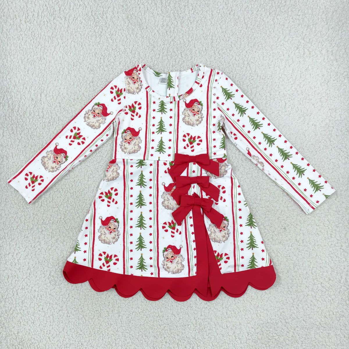 NO MOQ RTS GLD1651(1)-yoga-scallop Baby Girl Clothes Christmas Green Monster Checkered Print Long Sleeve Bow Scalloped Hem Dress 202610