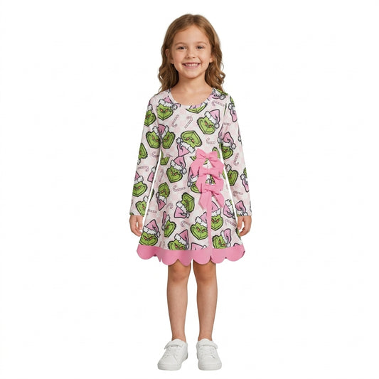 NO MOQ RTS GLD1651(1)-yoga-scallop Baby Girl Clothes Christmas Green Monster Checkered Print Long Sleeve Bow Scalloped Hem Dress 202610