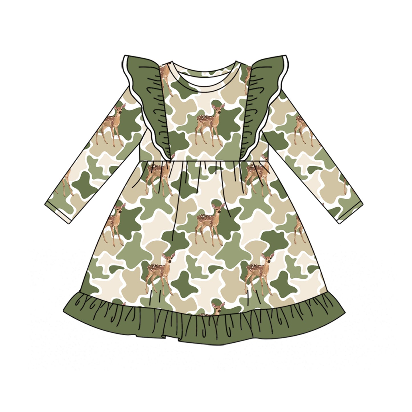 GLD1653 Green Ruffle Camo Deer Girls Long Sleeve Dress 20260627 preorder