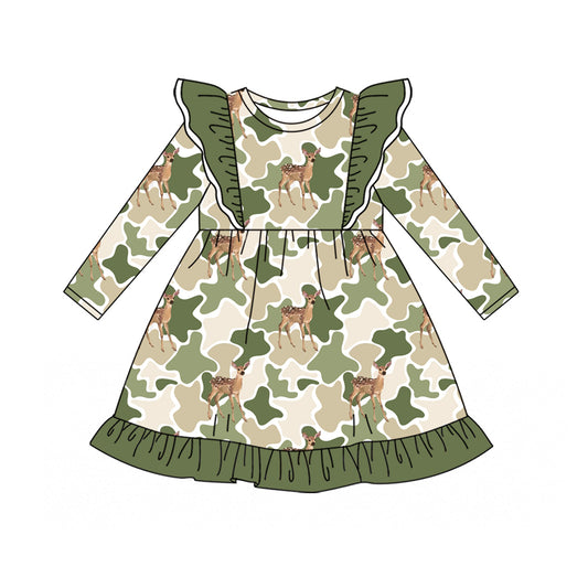 GLD1653 Green Ruffle Camo Deer Girls Long Sleeve Dress 20260627 preorder
