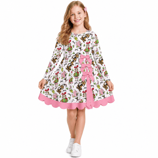 NO MOQ RTS GLD1656(1)-yoga-scallop Baby Girl Clothes Christmas Cartoon Character Allover Print Long Sleeve Bow Scalloped Hem Dress 202610
