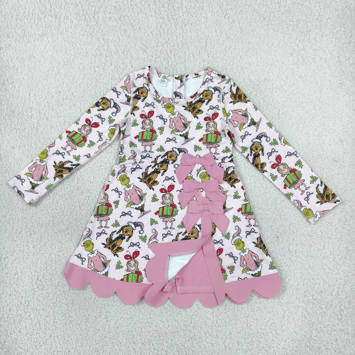 NO MOQ RTS GLD1656(1)-yoga-scallop Baby Girl Clothes Christmas Cartoon Character Allover Print Long Sleeve Bow Scalloped Hem Dress 202610