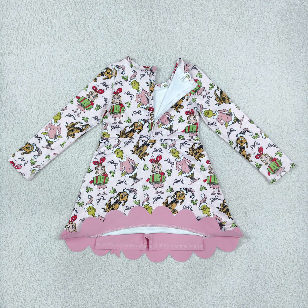 NO MOQ RTS GLD1656(1)-yoga-scallop Baby Girl Clothes Christmas Cartoon Character Allover Print Long Sleeve Bow Scalloped Hem Dress 202610