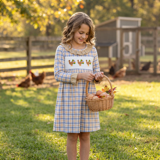NO MOQ RTS GLD1667-smocked Baby Girl Thanksgiving Turkey Embroidery Plaid Print Long Sleeve Dress 202610